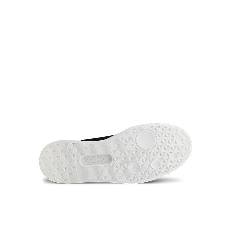 White sneaker outsole with textured tread and ecco logo on rubber sole
