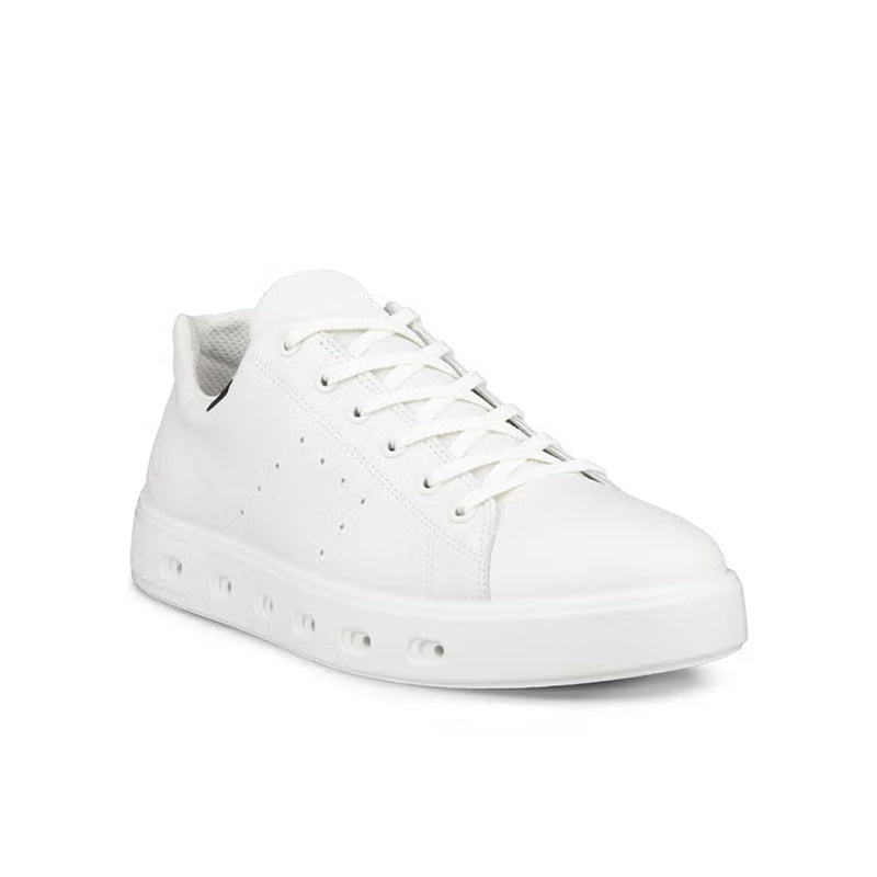 White leather men’s lace-up walking sneakers with low profile and rubber sole