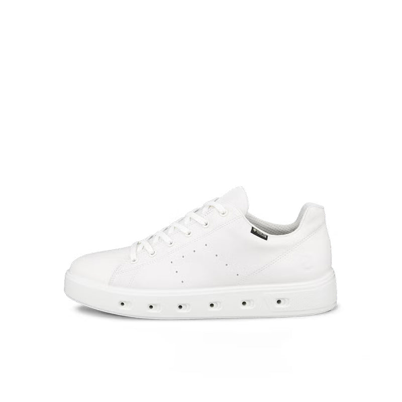 White leather men’s sneakers with lace-up front and side perforations