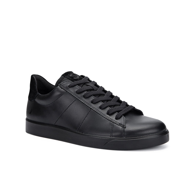 Men's leather sneakers, black with lace-up front and low-profile rubber sole