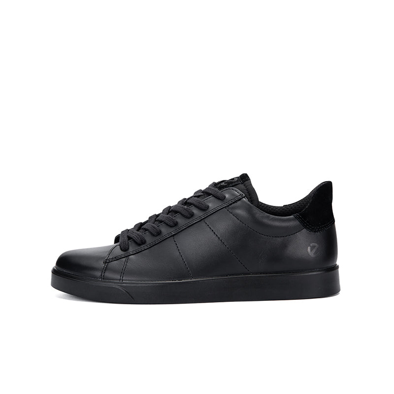 Men's leather sneakers, black, front three-quarter view with lace-up closure