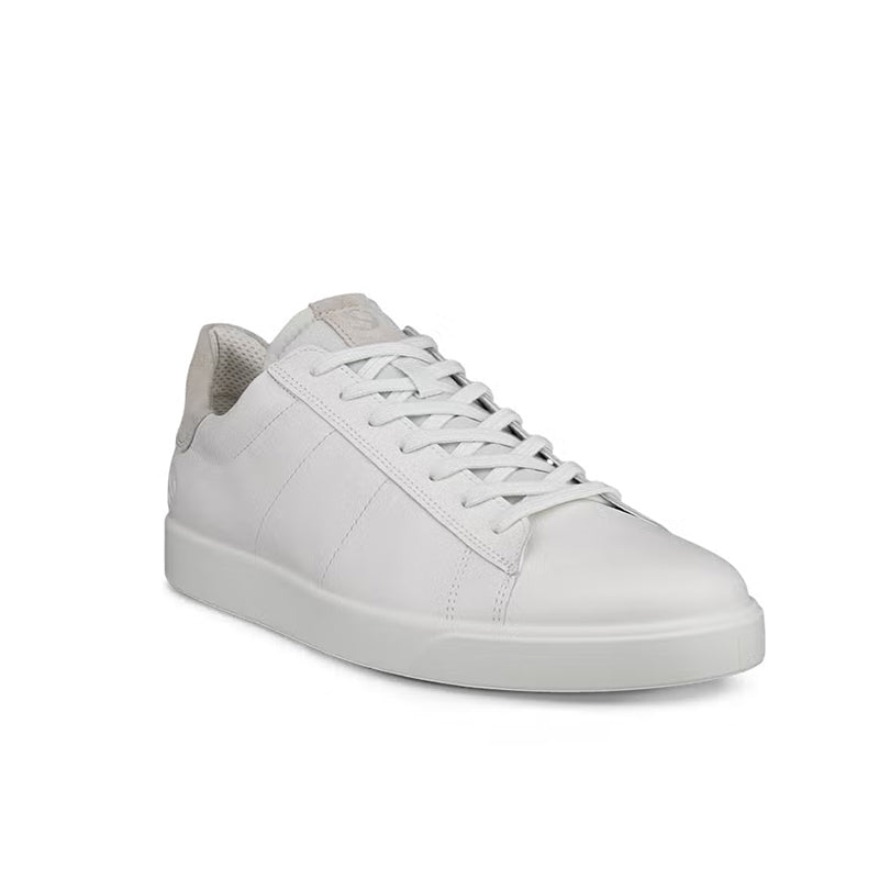Men's leather sneakers, white, lace-up with textured side panel and padded heel