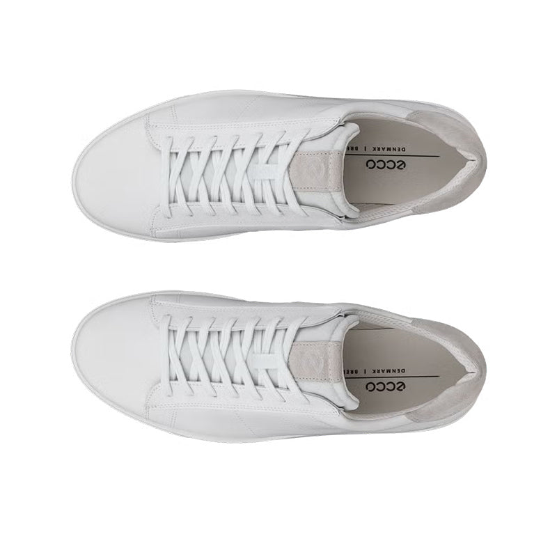 Men's leather sneakers, white, top view pair showing lace-up and toe box