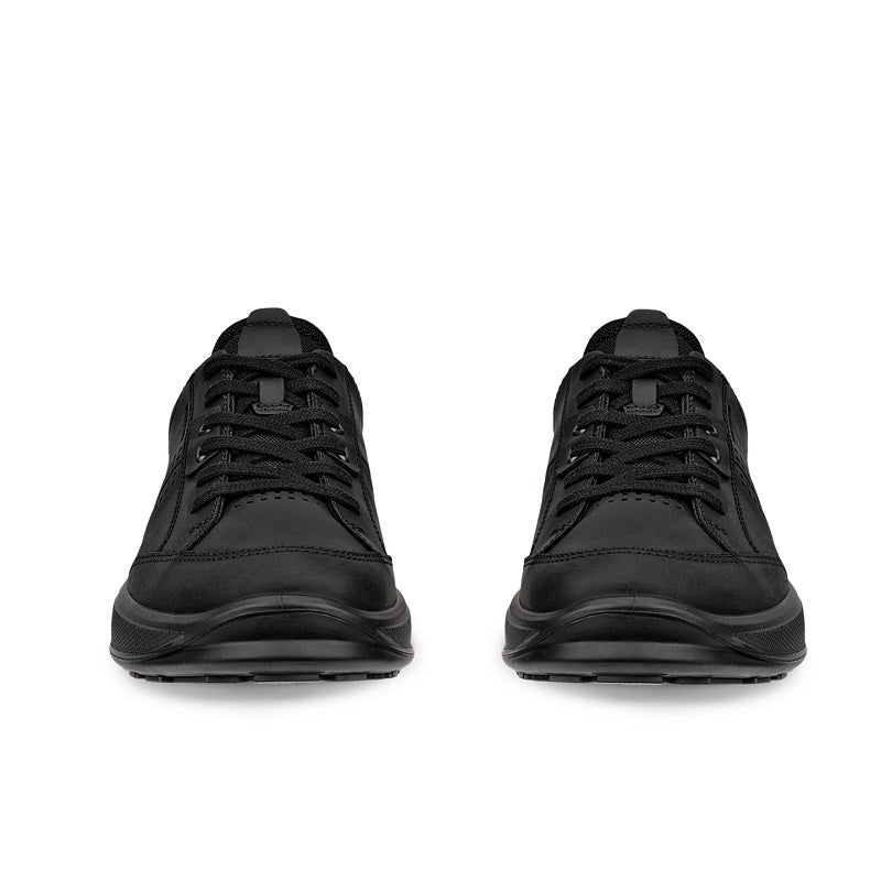 Pair of men's black sneakers with lace-up uppers and low-profile tread soles