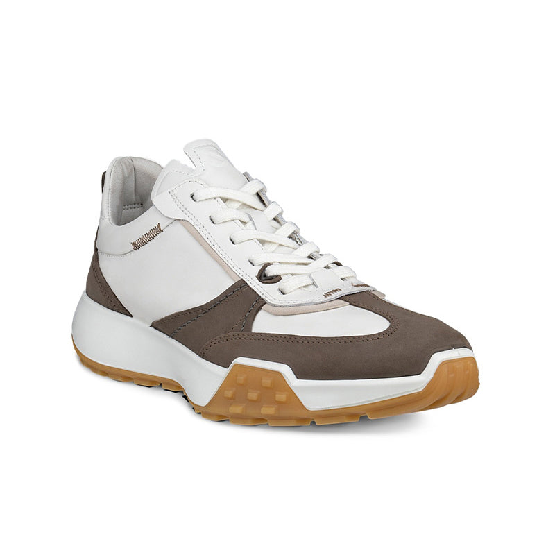 Men's casual leather sneakers in white and brown with lace-up front and tan gum sole