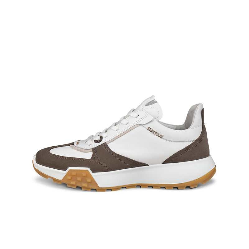 Men's lace-up casual sneakers with white upper, brown panels, and tan gum outsole