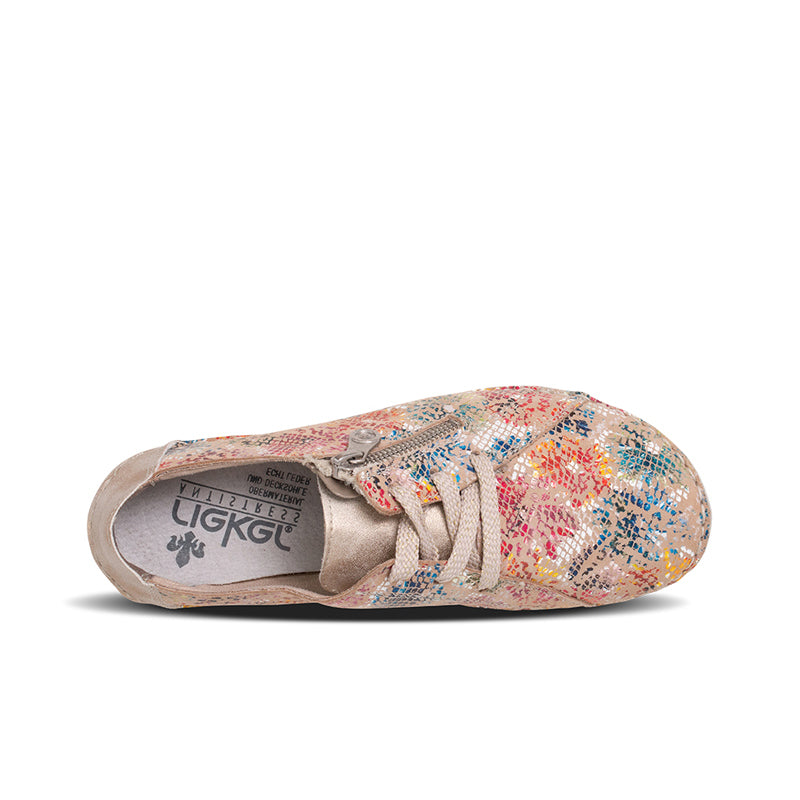 Women’s multicolor sneakers with beige laces and cushioned insole label