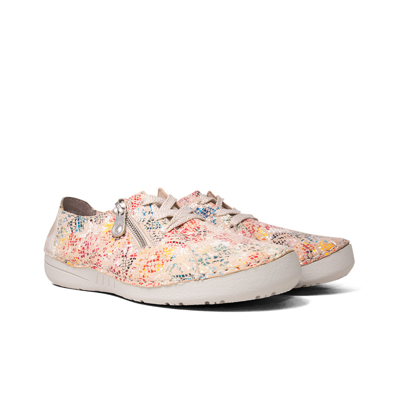 Women’s multicolor casual sneakers with front zip, laces, and side stitching