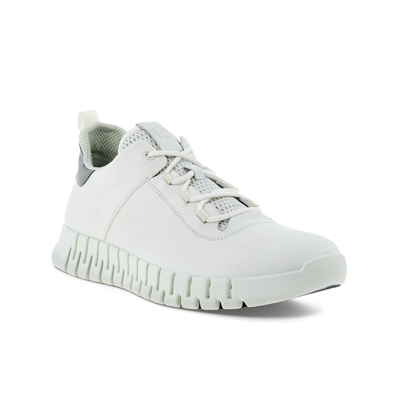 Men's white low-top sneakers with lace-up closure and textured rubber sole