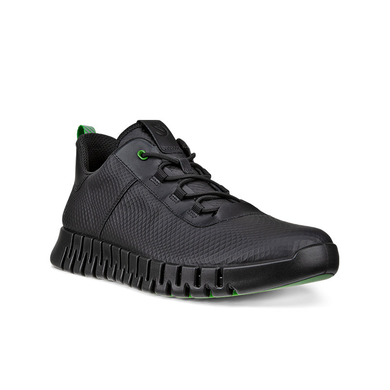 Men's black sneakers with green logo accents and lace-up design