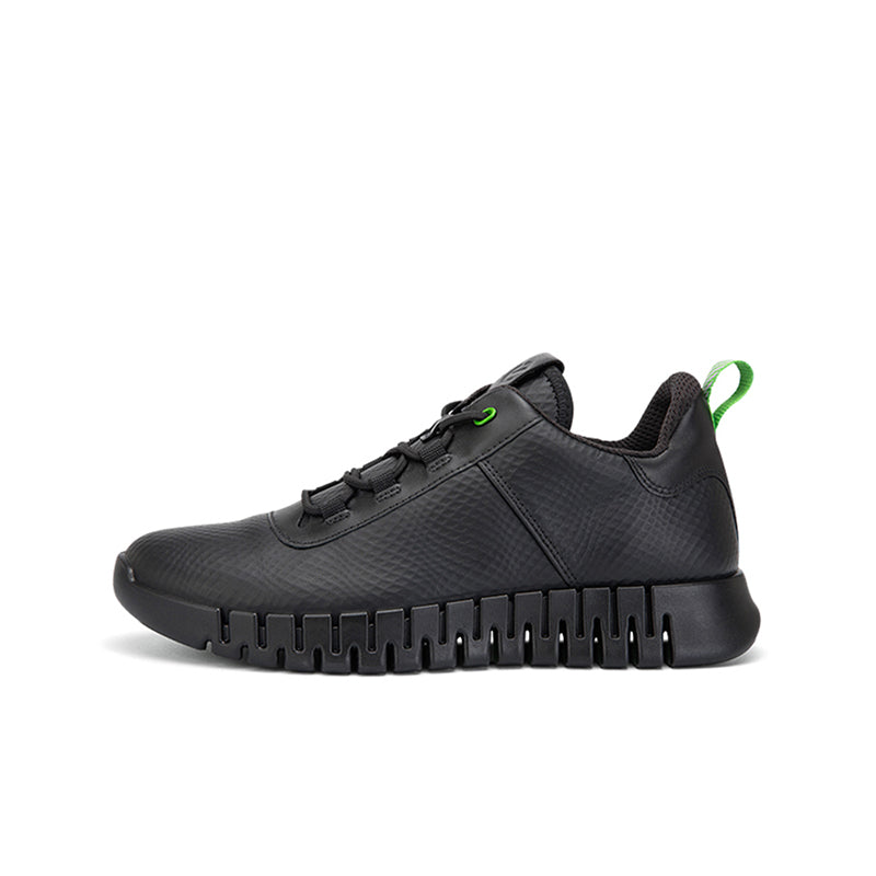 Men's black lace-up sneakers with green accent detail and textured upper