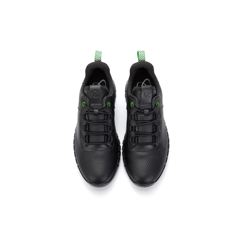 Pair of men's black lace-up sneakers with green accent stitching