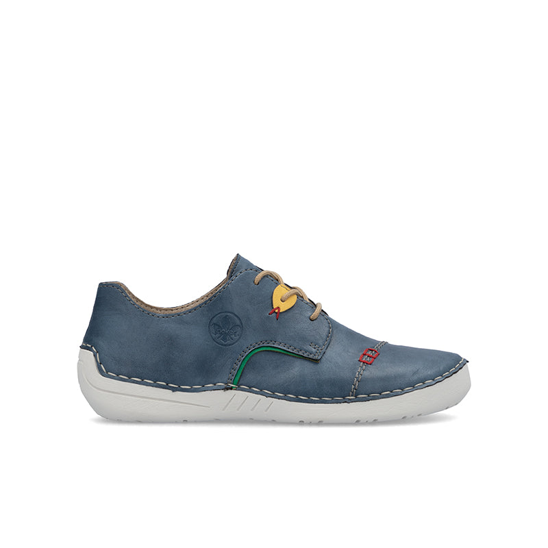 Blue low-top sneakers with lace-up closure and cushioned rubber sole