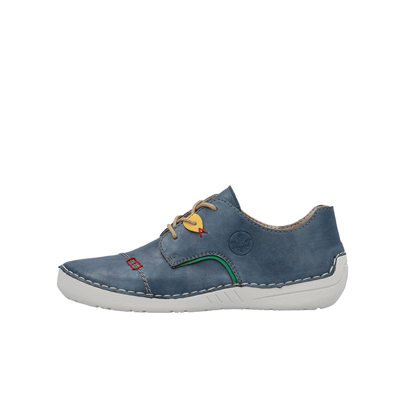 Blue low-top sneakers, lace-up design with contrast stitching and cushioned sole