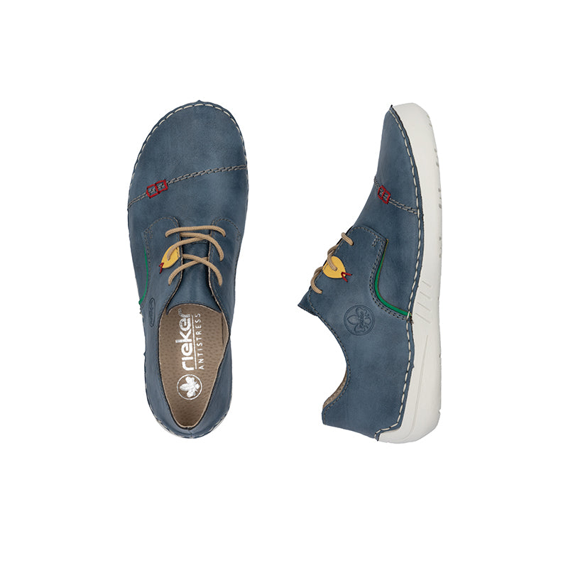 Blue low-top sneakers shown from top and side views with rubber sole
