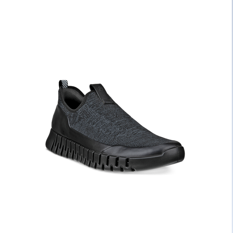 Men's slip-on sneaker with dark gray knit upper and black rubber sole