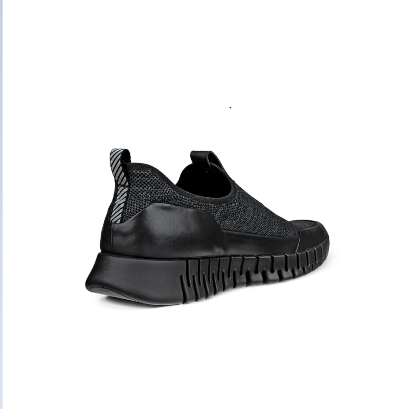 Men's slip-on sneaker heel view, dark gray knit upper with black panels