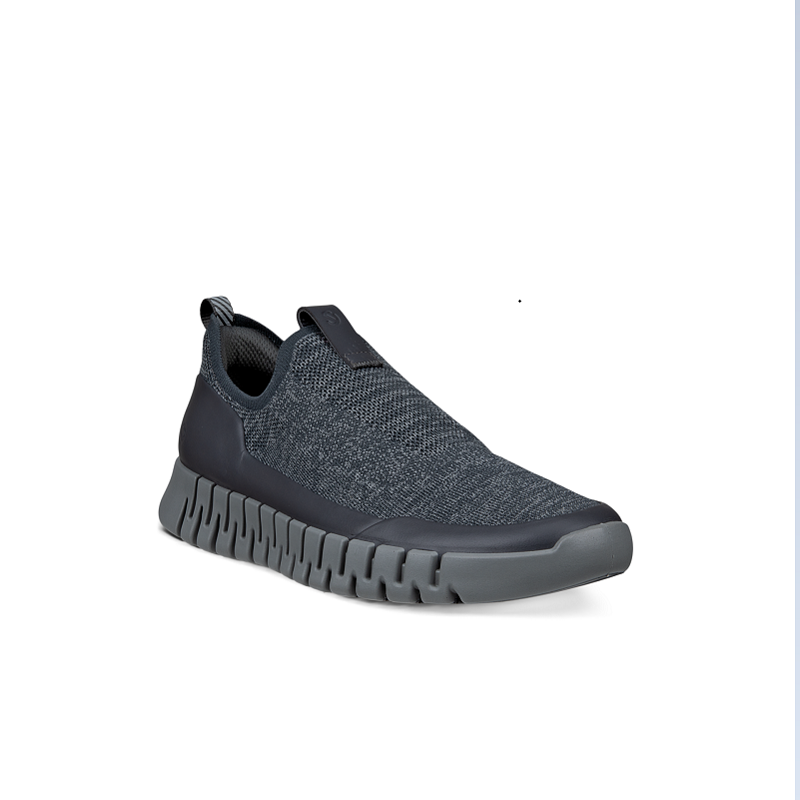 Men's slip-on sneaker with dark gray woven upper and black top strap