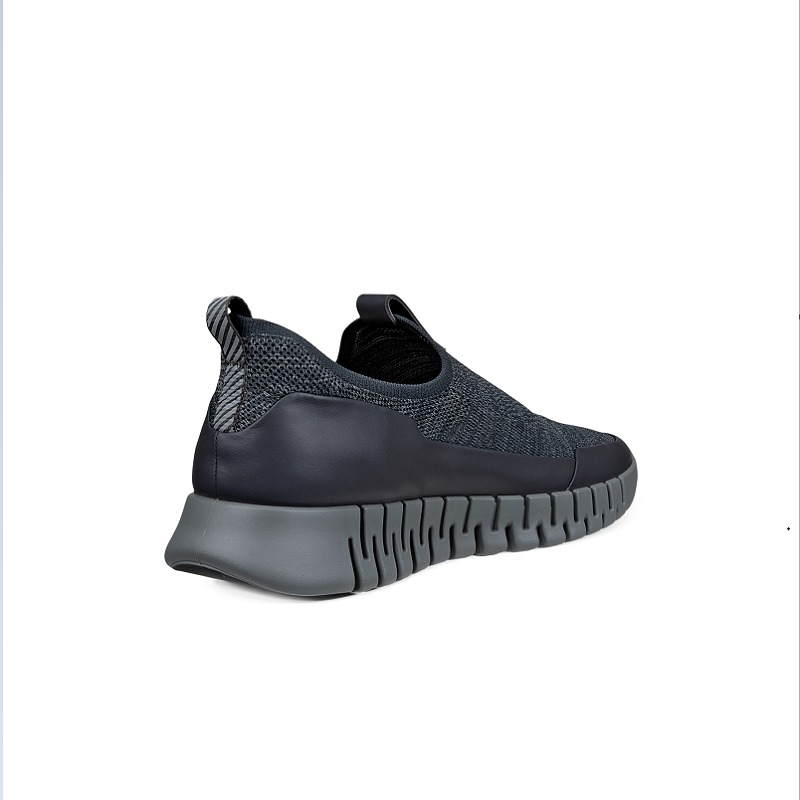 Men's slip-on sneaker heel view, dark gray knit upper with gray sole