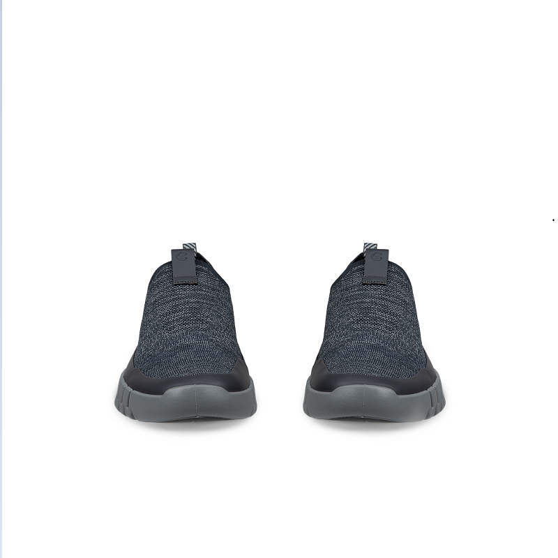 Pair of men's sneakers rear view, dark gray knit uppers with gray soles