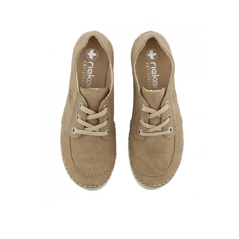 Low-top lace-up sneaker pair, light brown suede with heel and tongue labels