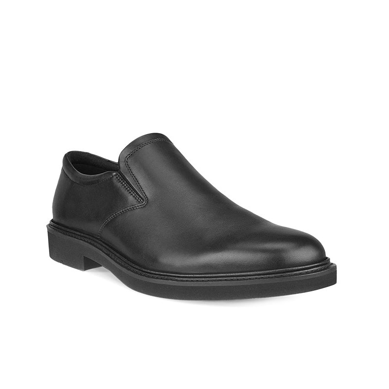 Men's black leather slip-on dress shoes with cushioned collar and low heel