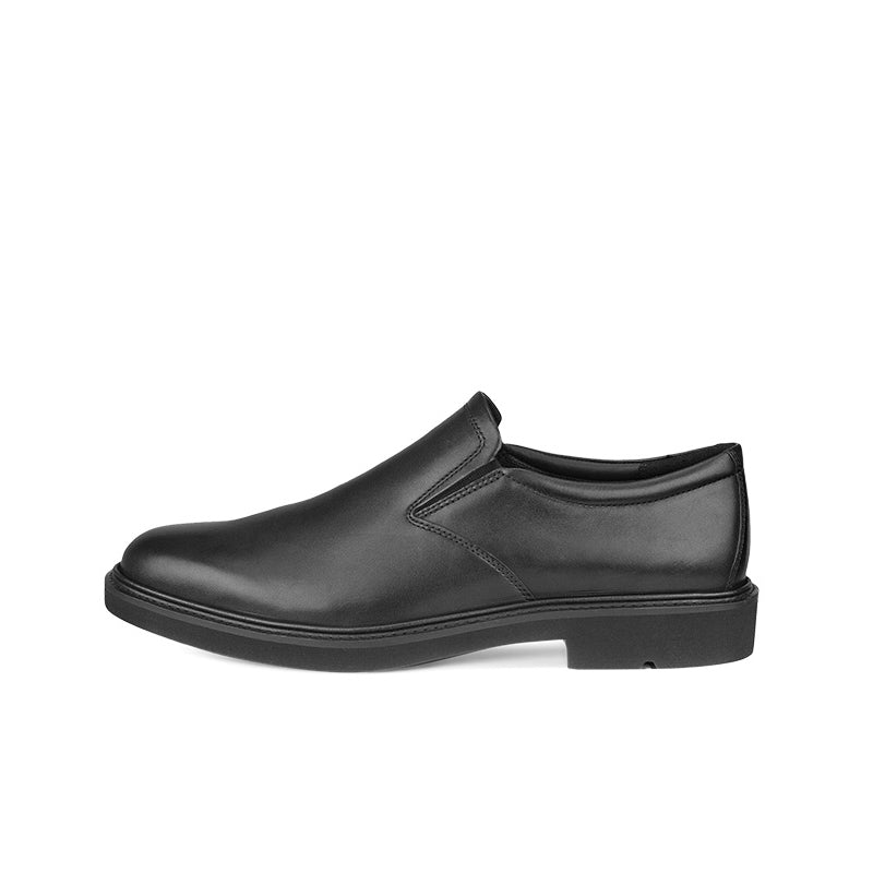 Men's black leather slip-on dress shoe with side seam and rounded toe