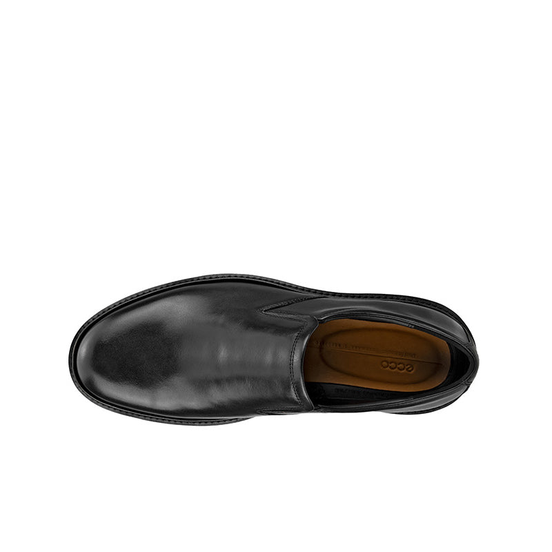 Men's black leather dress shoe with tan interior lining and open side view