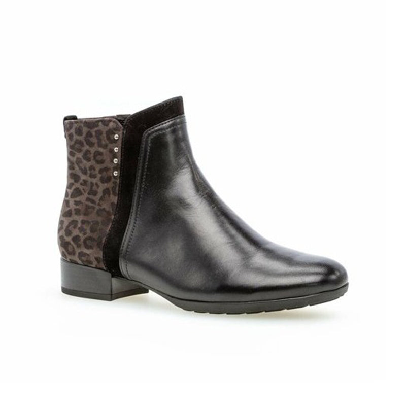 Black leather ankle boots with side leopard panel and zip-up design, block heel