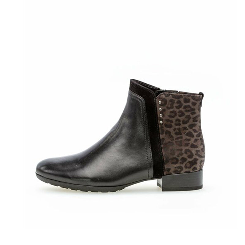 Black leather ankle boots with cheetah-print side panel, zip-up front, block heel