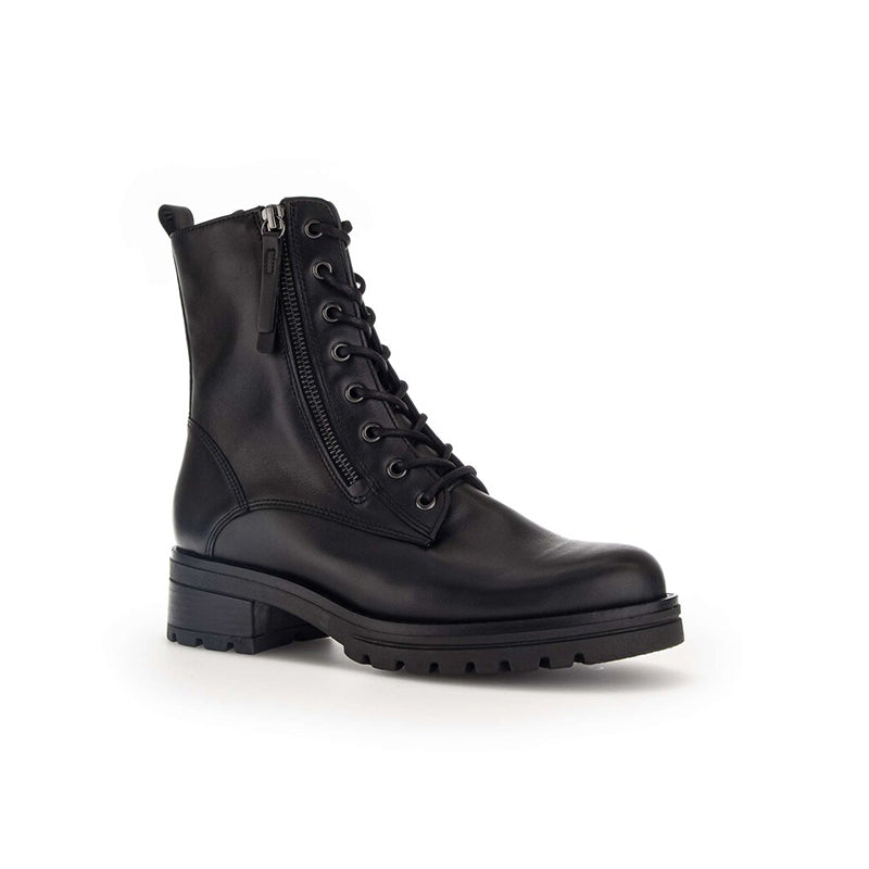 Black leather women's ankle boots with side zip, lace-up front, and low block heel
