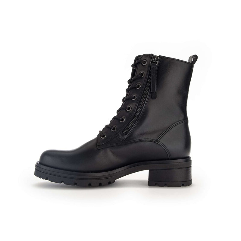 Black leather women's ankle boots with lace-up front, side zip, and low block heel