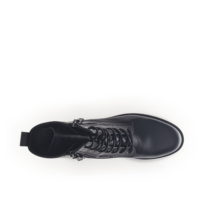 Black leather women's ankle boots with laced front and ridged rubber sole
