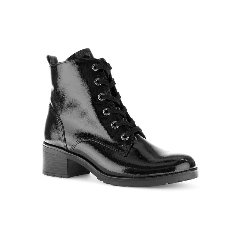 Black leather ankle boots with lace-up front and block heel