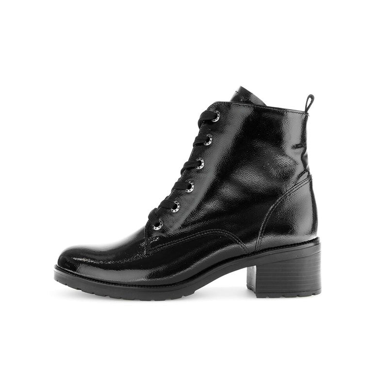 Black leather lace-up ankle boots with low block heel