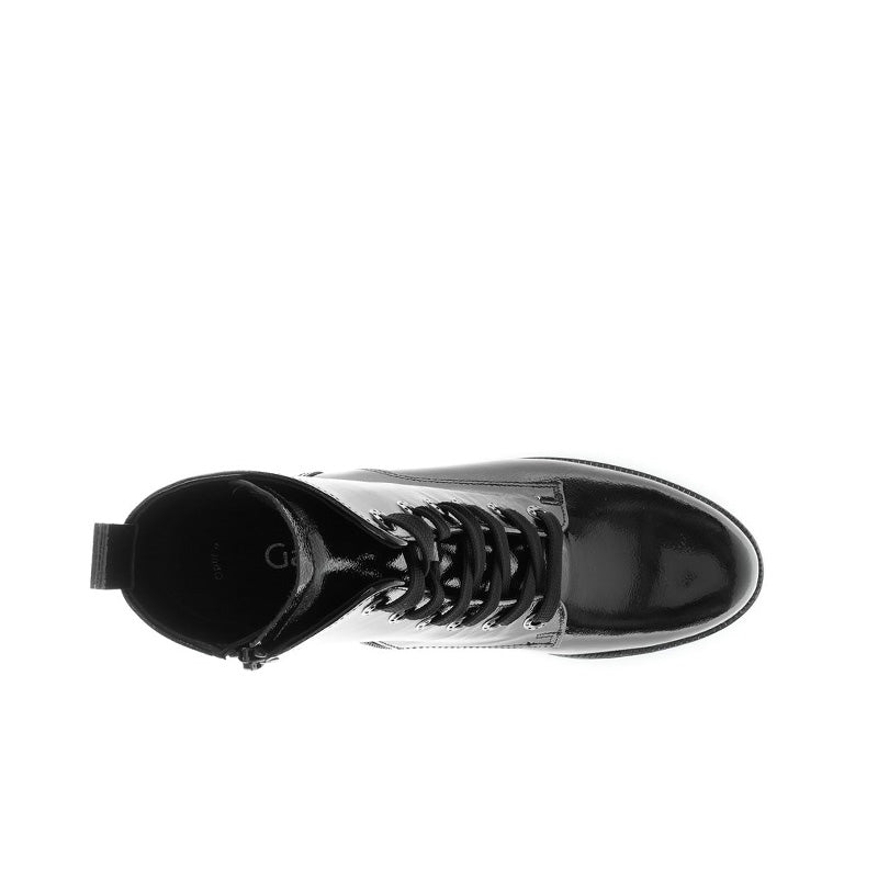 Black leather lace-up boot with rounded toe and pull tab