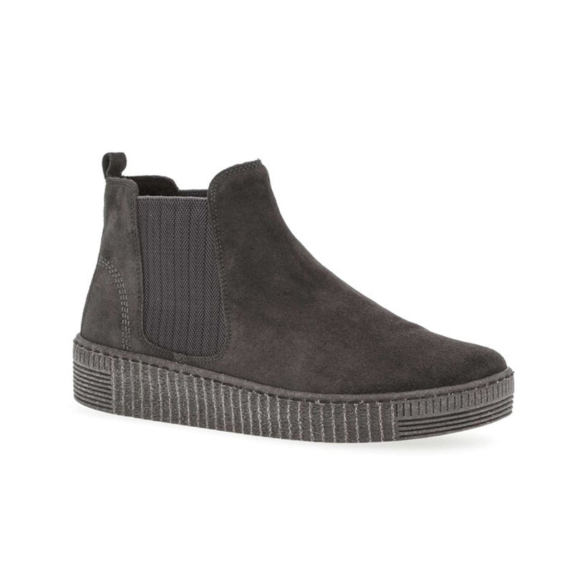 Grey suede Chelsea boots with elastic side panels and grippy striped platform sole