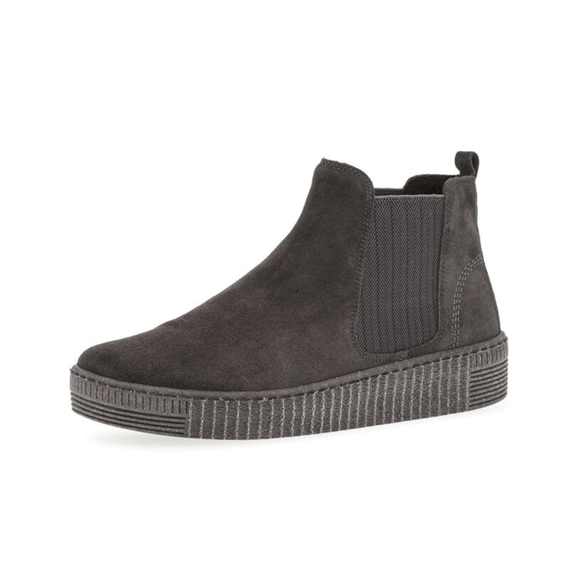 Grey suede ankle boots with elastic gore panels and ribbed platform sole