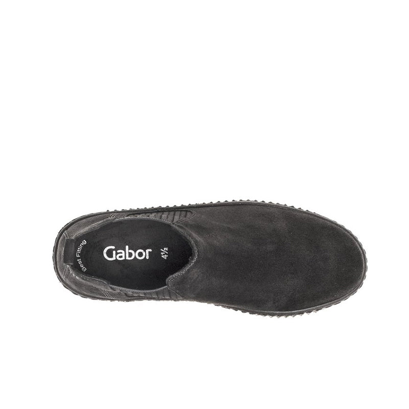 Grey suede slip-on boot with round toe and cushioned lining