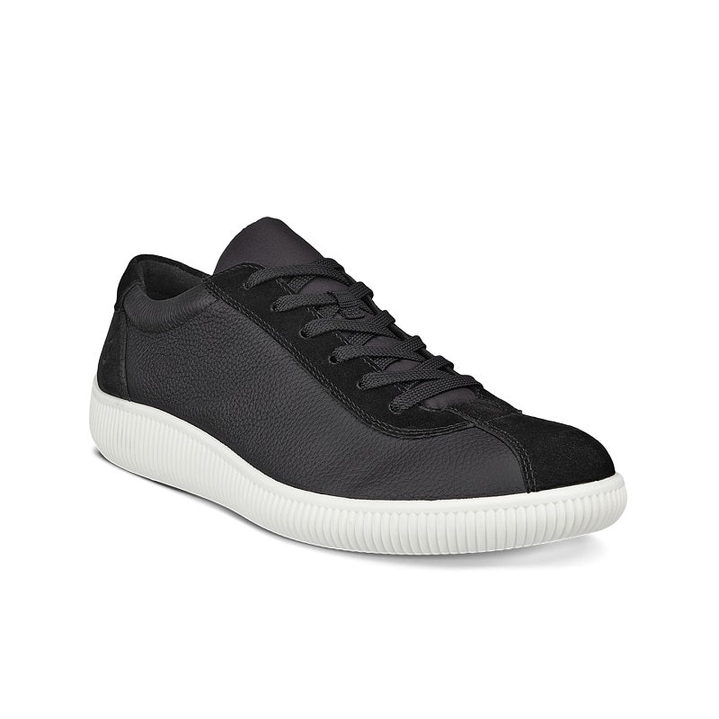 Men's black leather lace-up sneakers with ribbed white sole