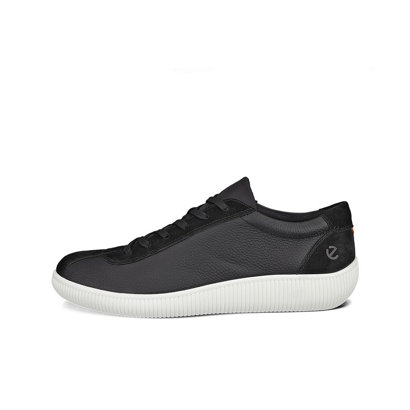 Men's black leather sneakers, side profile with lace-up and cushioned collar