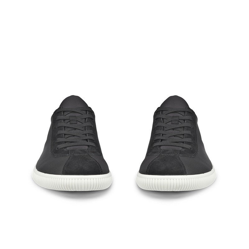 Pair of men's black leather sneakers, front views with lace-up uppers