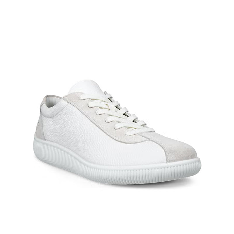 Men's white leather lace-up sneakers with ribbed white sole