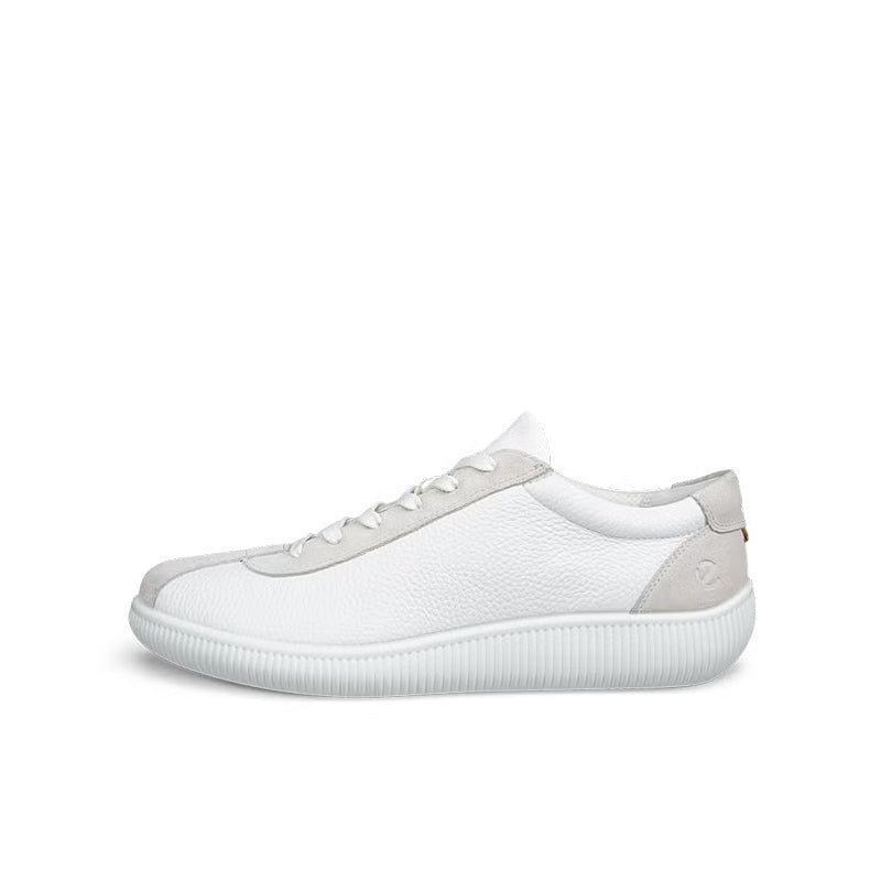 Men's white leather sneakers, side view with lace-up and low profile
