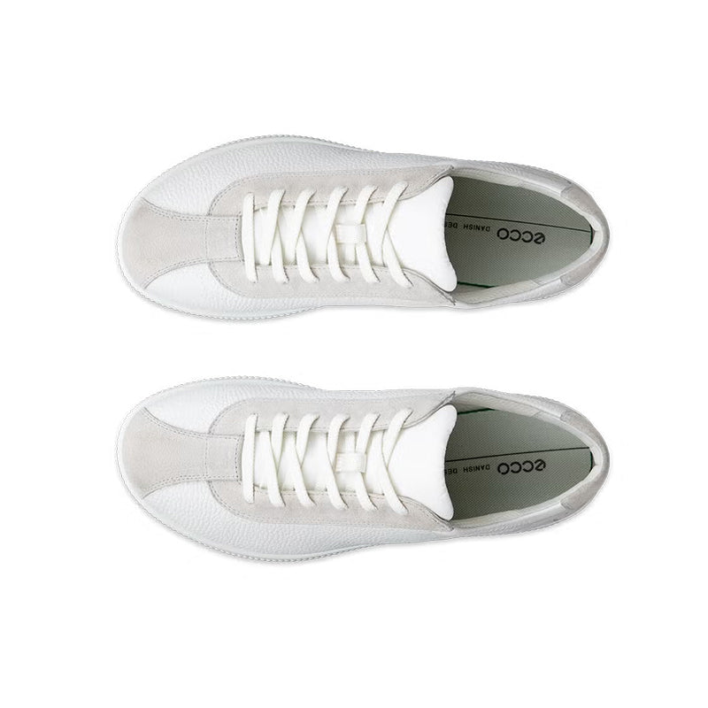 Men's white leather sneakers shown with laces and open toe area