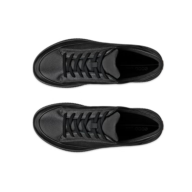 Pair of men's black sneakers, top view of lace, tongue, and padded collar