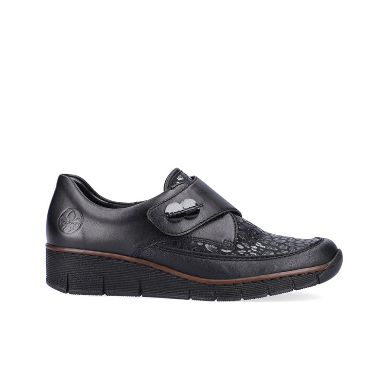Black women's loafer shoes with hook-and-loop strap, textured side panels, chunky sole
