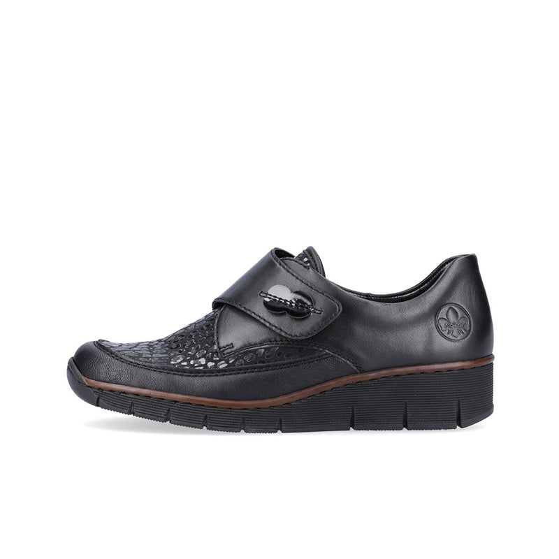 Black women's loafer shoes with hook-and-loop strap, textured toe and side, chunky sole