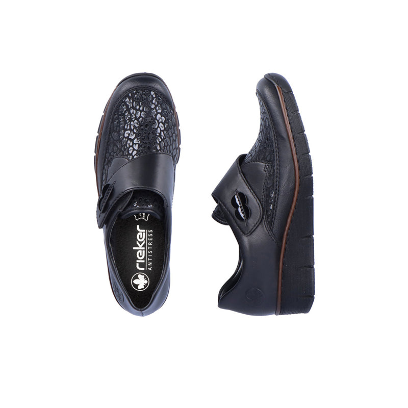 Black women's loafer shoes, hook-and-loop strap, textured toe, cushioned sole with tread