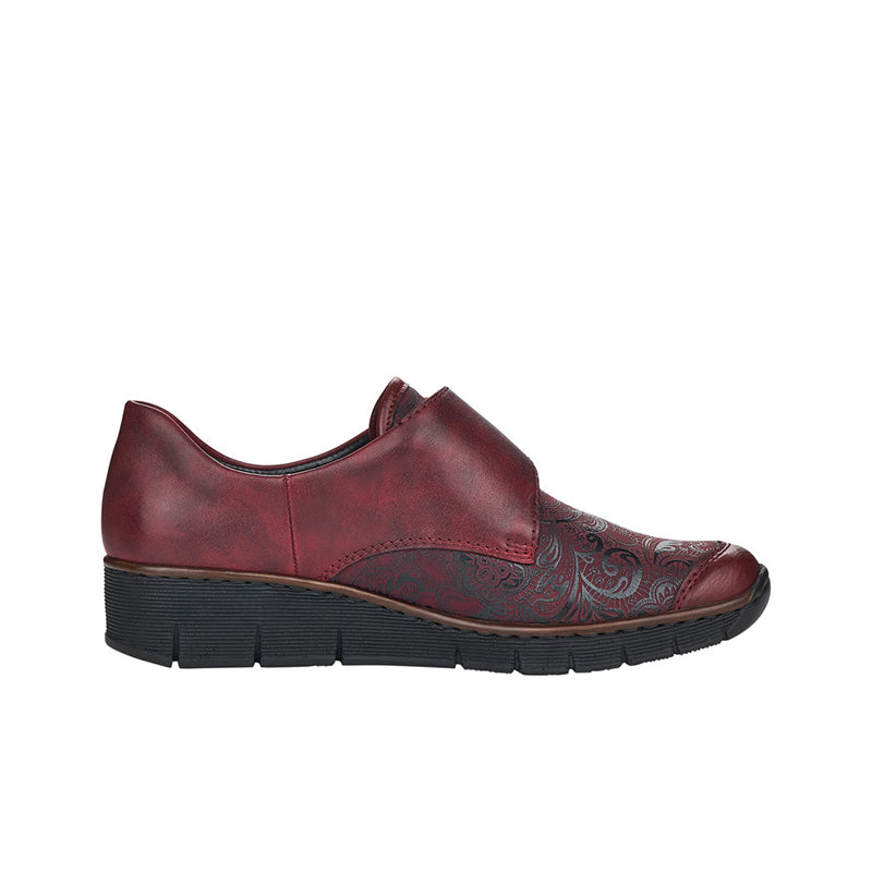 Red women's loafer shoes with hook-and-loop strap, decorative side panel, chunky sole